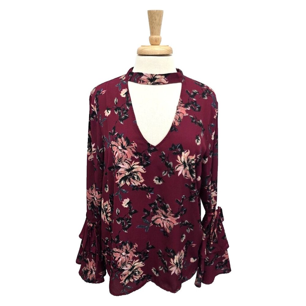 Womens Floral Boho Top Size L Bell Sleeve Keyhole Neck Burgundy Red Fairycore